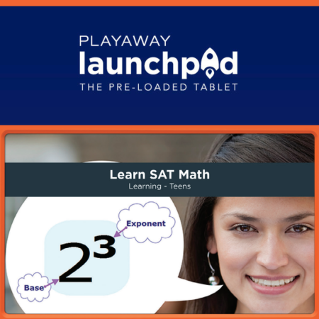 A white playaway launchpad logo on a dark blue background, above an image of a smiling person. A speech bubble leaving her mouth shows the numbers 2 and 3, labeled base and exponent, respectively.