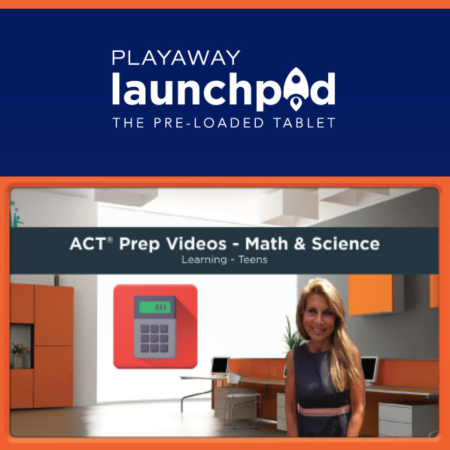 A white playaway launchpad logo on a dark blue background, above an image of a woman in a virtual classroom, with a calculator icon